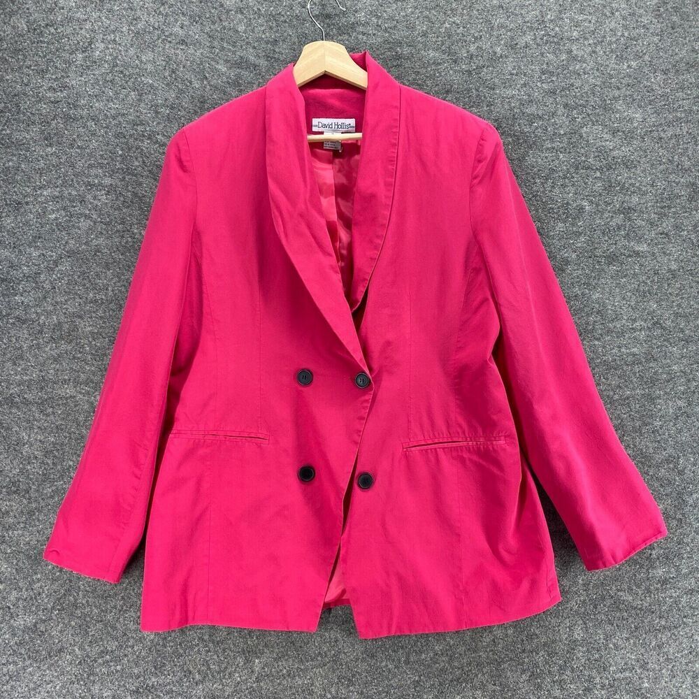 David Hollis Blazer Women 14 Pink Collared Button Up Long Sleeve Silk Lined